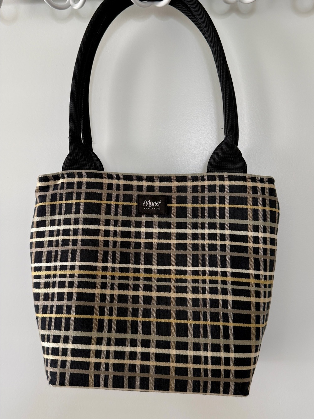 Monet Black Plaid Tote with Cream and Brown Stripes